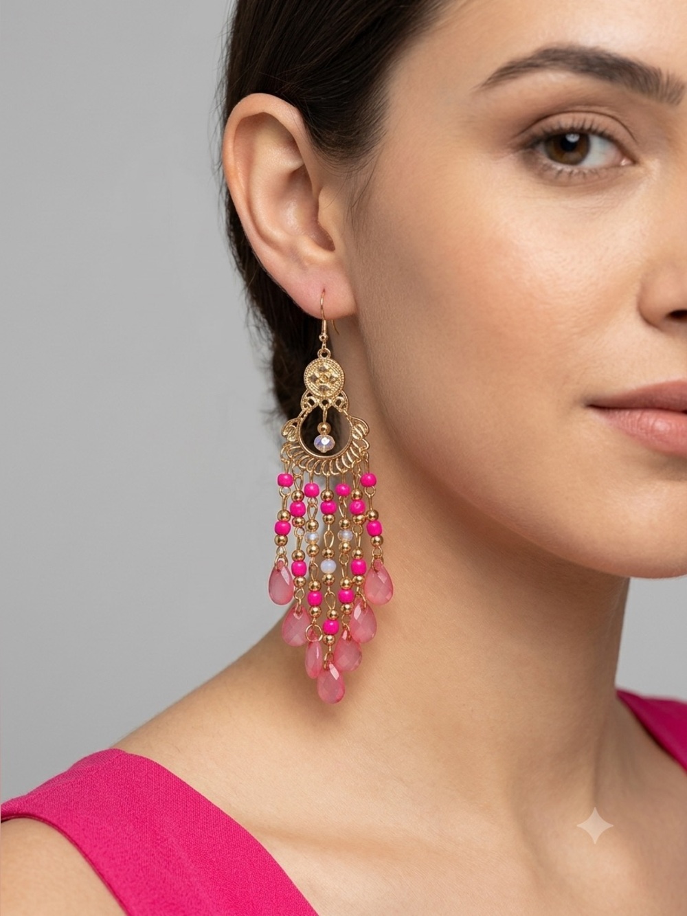 Gold and Pink Beaded Chandelier Earrings - Women Jewelry